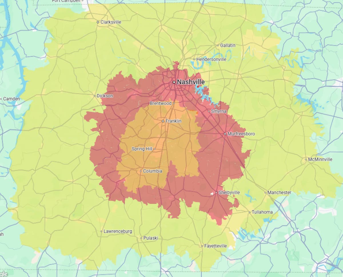 Tennessee Fireplace Service Area Map - Spring Hill, Franklin, Columbia, Nashville, Brentwood, Murfreesboro, Middle TN